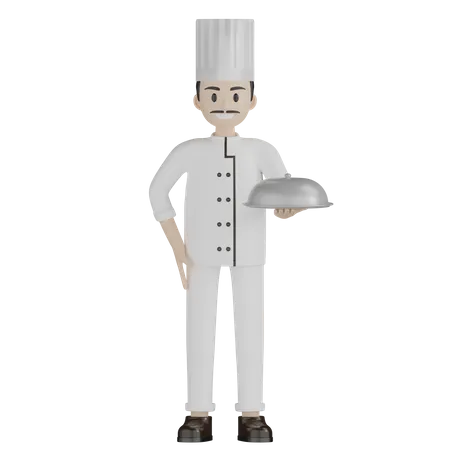 Male Chef Holding Cloche  3D Illustration