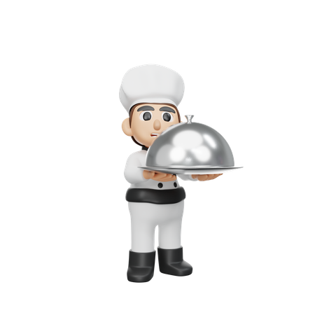 Male Chef Holding Cloche  3D Illustration