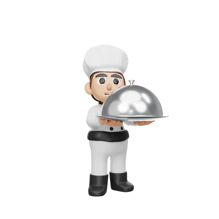 Male Chef Holding Cloche  3D Illustration