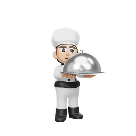 Male Chef Holding Cloche 3D Illustration