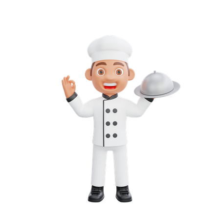 Male Chef Holding Cloche and Showing Ok Sign  3D Illustration