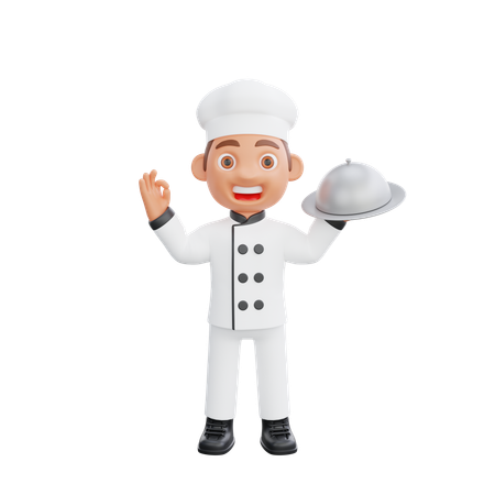 Male Chef Holding Cloche and Showing Ok Sign  3D Illustration