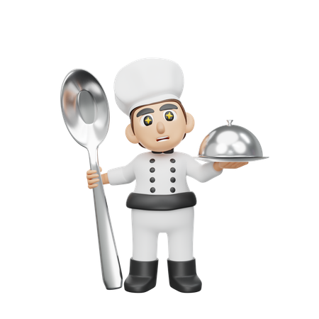 Male Chef Holding Cloche And Spoon  3D Illustration