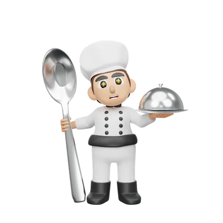 Male Chef Holding Cloche And Spoon  3D Illustration