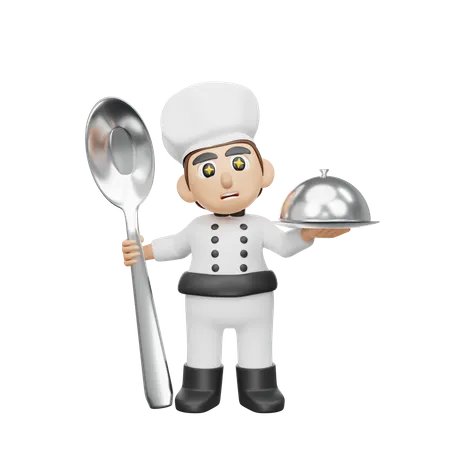 Male Chef Holding Cloche And Spoon 3D Illustration