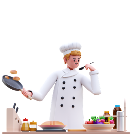 Male Chef Holding Frying Pan While Holding Knife  3D Illustration