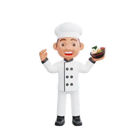 Male Chef Holding Japanese food Bowl  3D Illustration