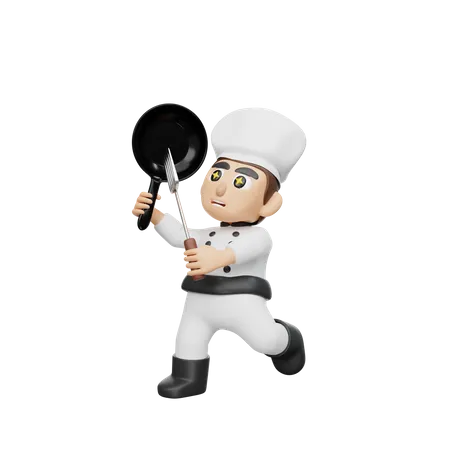 Male Chef Holding Pan And Spatula  3D Illustration