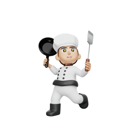 Male Chef Holding Pan And Spatula  3D Illustration