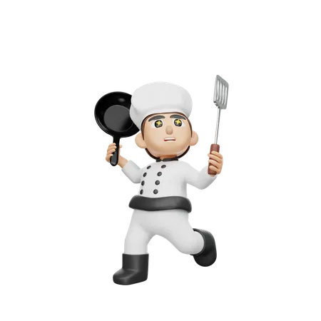 Male Chef Holding Pan And Spatula  3D Illustration