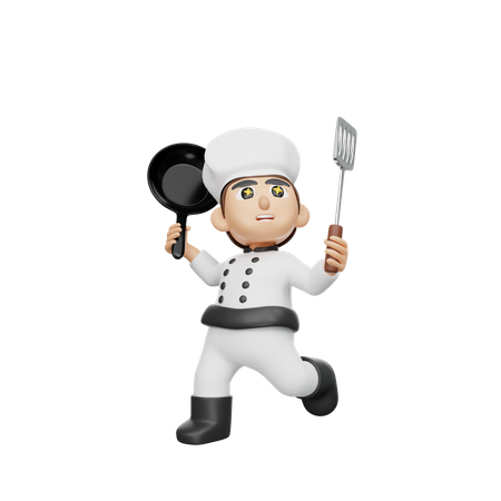 Male Chef Holding Pan And Spatula 3D Illustration