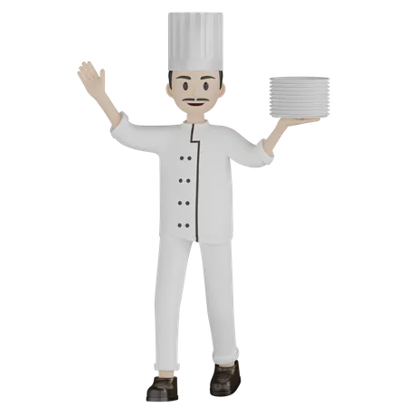 Male Chef Holding Plates 3D Illustration