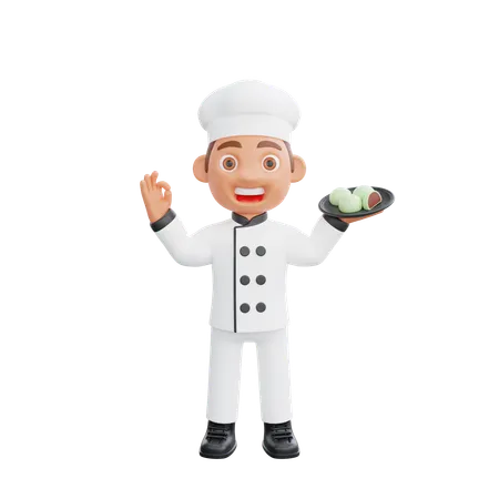 Male Chef Holding Sushi Dish and Showing Ok Sign  3D Illustration
