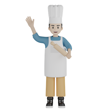 Male chef say hi while holding rolling pin in one hand  3D Illustration