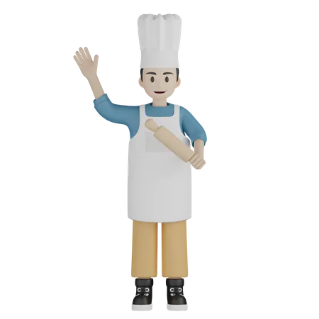 Male chef say hi while holding rolling pin in one hand 3D Illustration