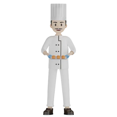 Male Chef Showing Bread Plate  3D Illustration