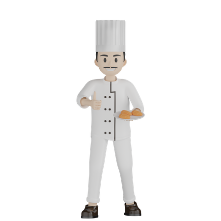 Male Chef Showing Bread Plate With Thumbs Up  3D Illustration