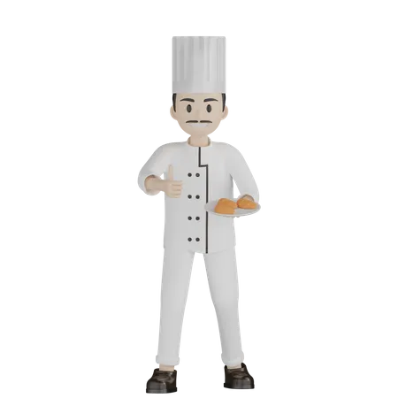 Male Chef Showing Bread Plate With Thumbs Up  3D Illustration