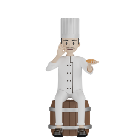 Male Chef Testing Bread While Sitting On Barrel  3D Illustration
