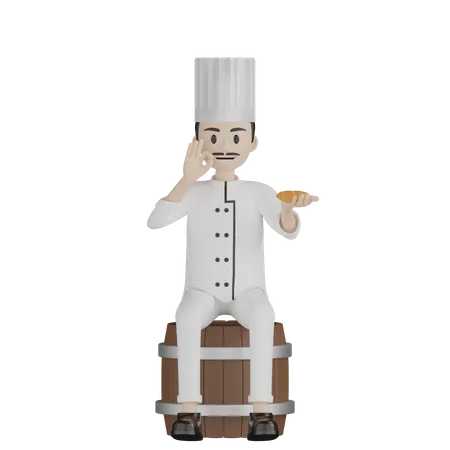 Male Chef Testing Bread While Sitting On Barrel  3D Illustration