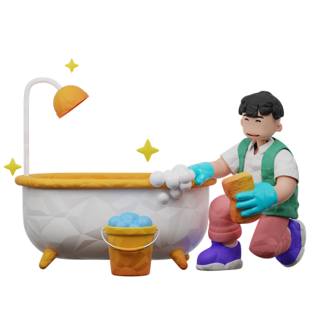 Male Cleaner Cleaning Bathtub  3D Illustration