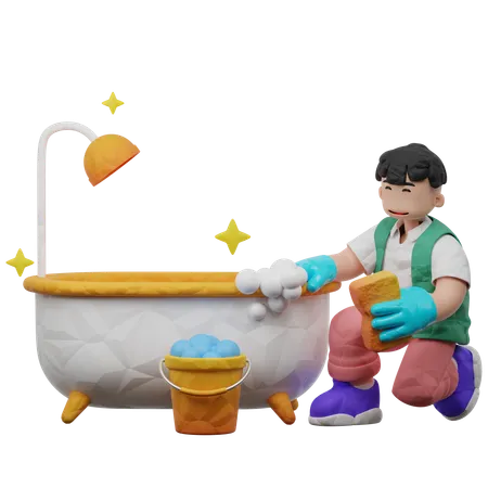 Male Cleaner Cleaning Bathtub  3D Illustration