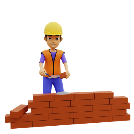 Male construction worker building wall 3D Illustration