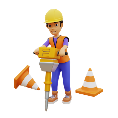 Male construction worker drilling with jack hammer  3D Illustration