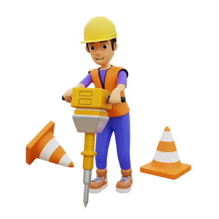 Male construction worker drilling with jack hammer  3D Illustration