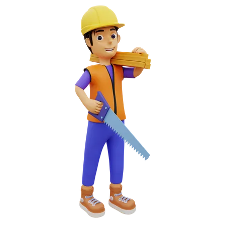 Male construction worker holding 3D Illustration