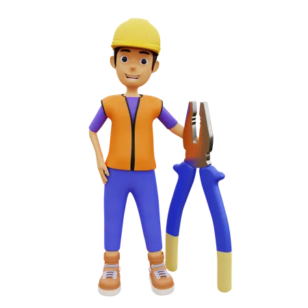 Male construction worker holding construction tool 3D Illustration