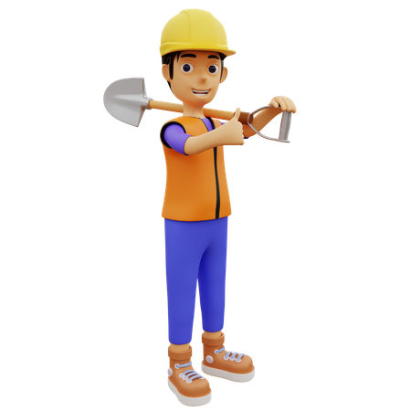 Male construction worker holding digging shovel  3D Icon