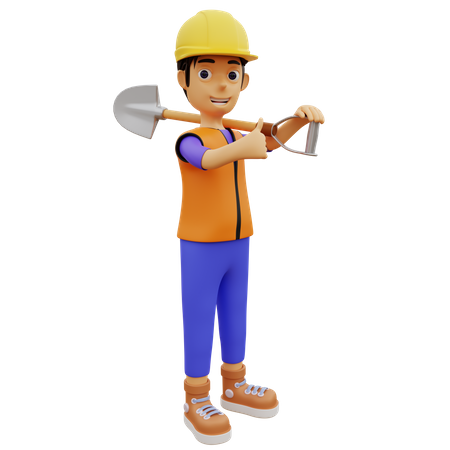 Male construction worker holding digging shovel 3D Illustration