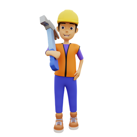 Male construction worker holding hammer  3D Icon