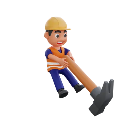 Male Construction worker holding hammer  3D Illustration