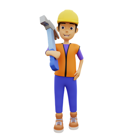 Male construction worker holding hammer 3D Illustration