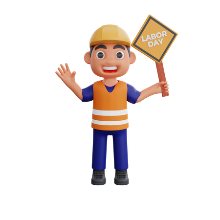 Male Construction worker holding labor day board  3D Illustration