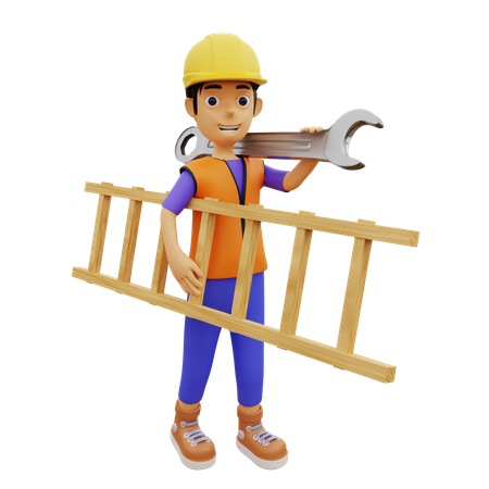Male construction worker holding ladder and wrench  3D Icon