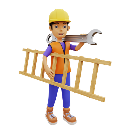 Male construction worker holding ladder and wrench 3D Illustration