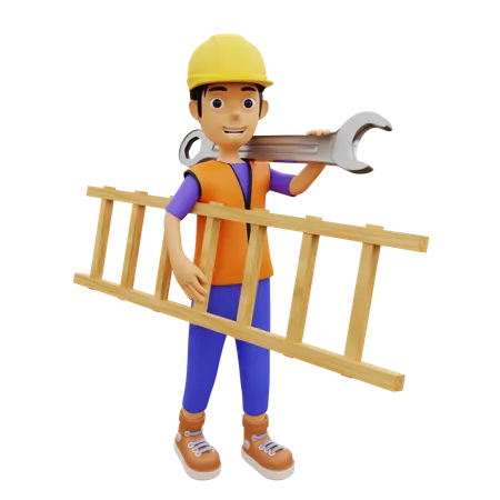 Male construction worker holding ladder and wrench 3D Illustration