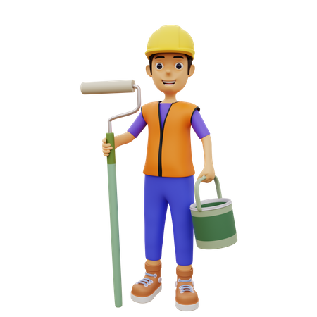 Male construction worker holding painting roller and bucket  3D Illustration