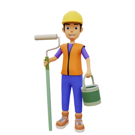 Male construction worker holding painting roller and bucket  3D Illustration