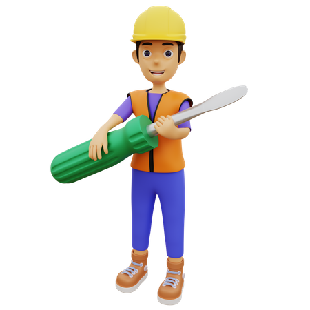 Male construction worker holding screwdriver  3D Icon
