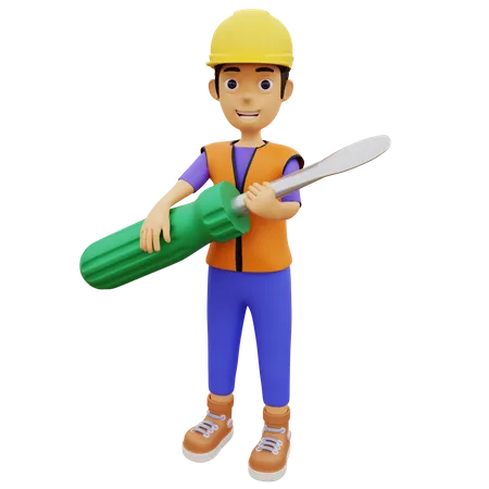 Male construction worker holding screwdriver  3D Illustration