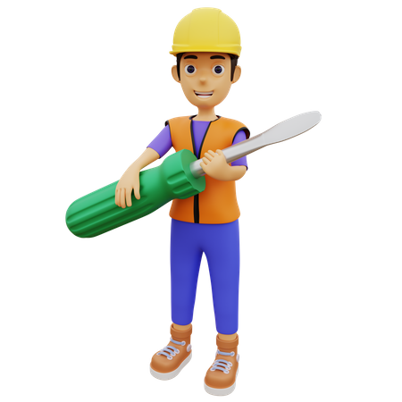 Male construction worker holding screwdriver 3D Illustration
