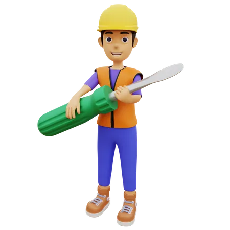 Male construction worker holding screwdriver 3D Illustration