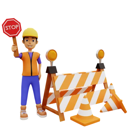 Male construction worker holding stop sign  3D Illustration