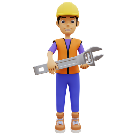 Male construction worker holding wrench 3D Illustration