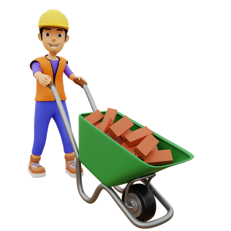 Male construction worker pushing brick trolley 3D Illustration