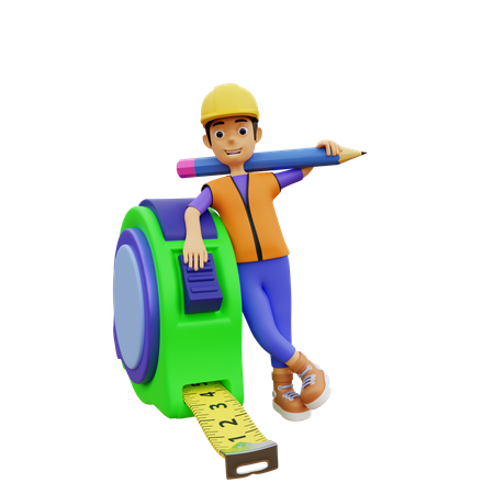 Male construction worker with measure tape  3D Icon